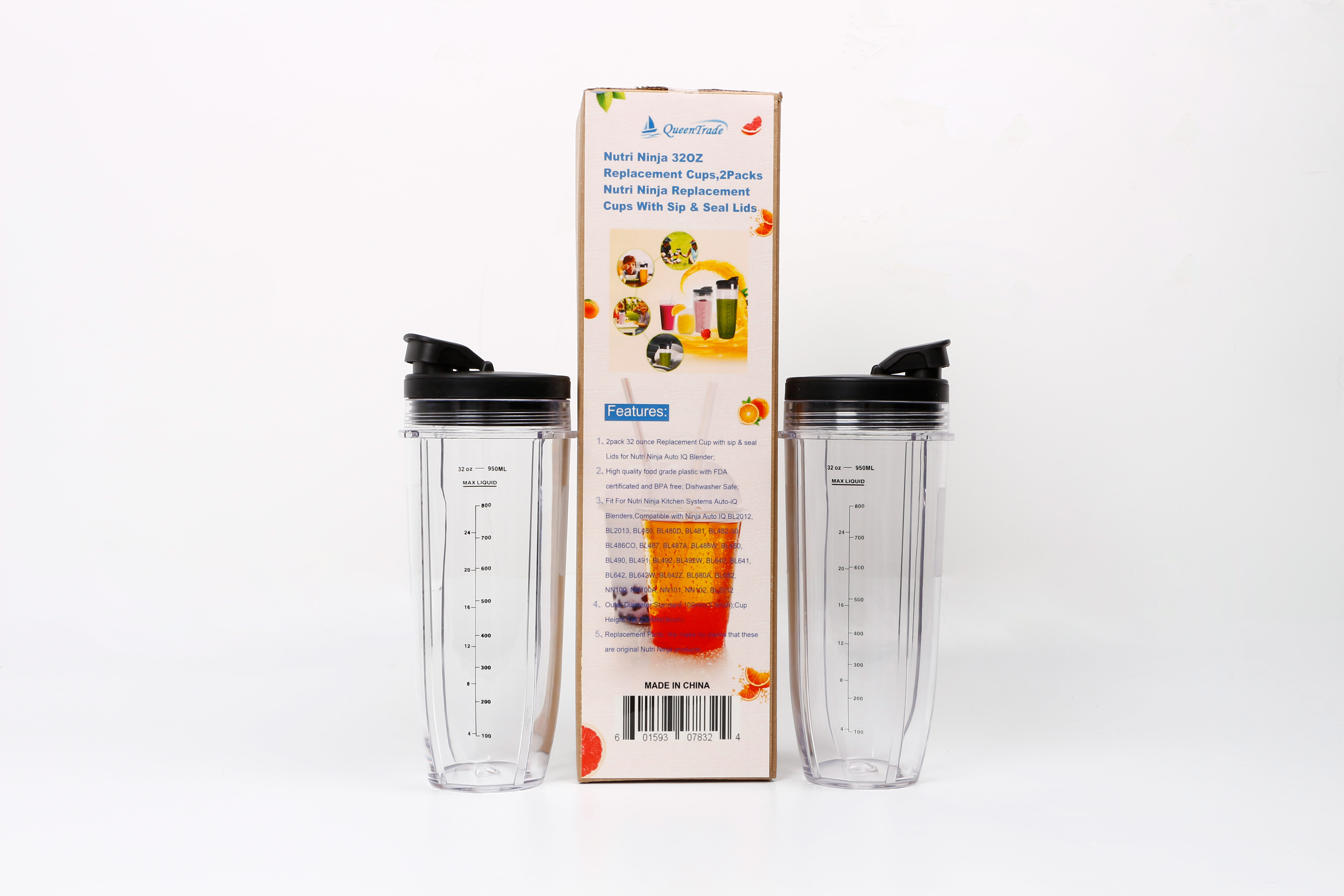 32 Ounce Cup with Sip N Seal Lids Compatible with Ninja Auto-iQ iQ 10 2 Pack 