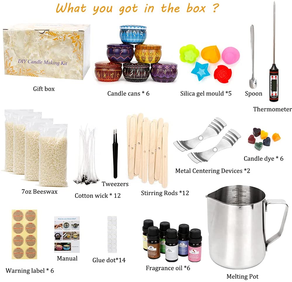 Candle Making Kits for Adults Natural Beeswax Wicks for Candle Making Wax Melting Jug 8 Candle Tins 5 Colour Dye Blocks Wicks Centring Device and Wick Sticker 